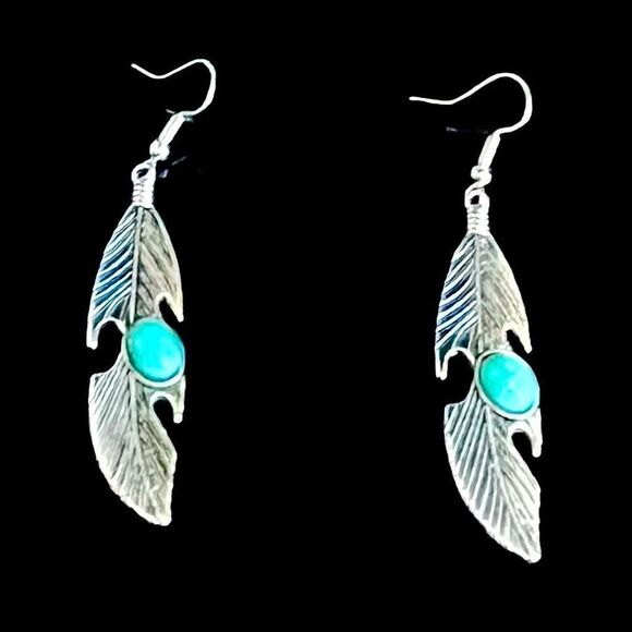BBR Southwest Native Turquoise & Silver Dangle Earrings - Picture 2 of 8